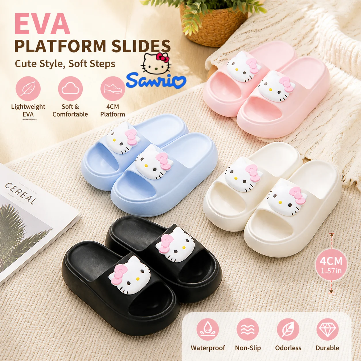Sanrio Hello Kitty Summer EVA Shoes Sandals Women Girl's Platform Slippers  4cm Thick Sole Non-slip Soft Cute Daily Outdoor Home