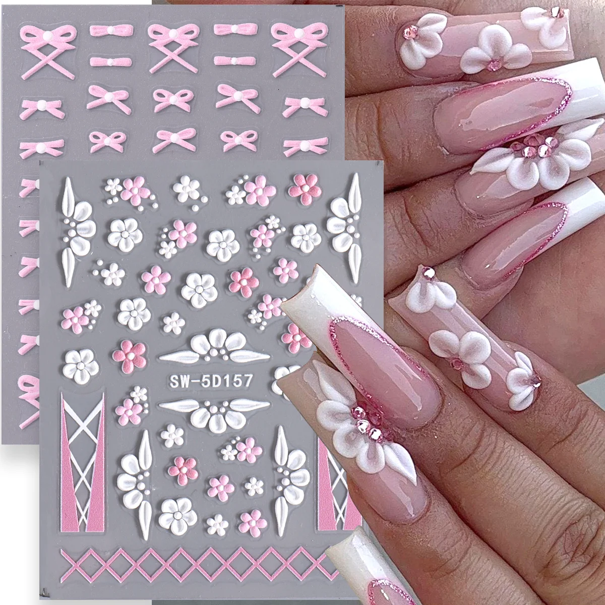 2 Stück 5D rosa geschnitzte Blumen Schleife Nagel geprägte Aufkleber Acryl Blumen Ballettschuh Französische Abziehbilder edle Valentinstag Maniküre Sliders