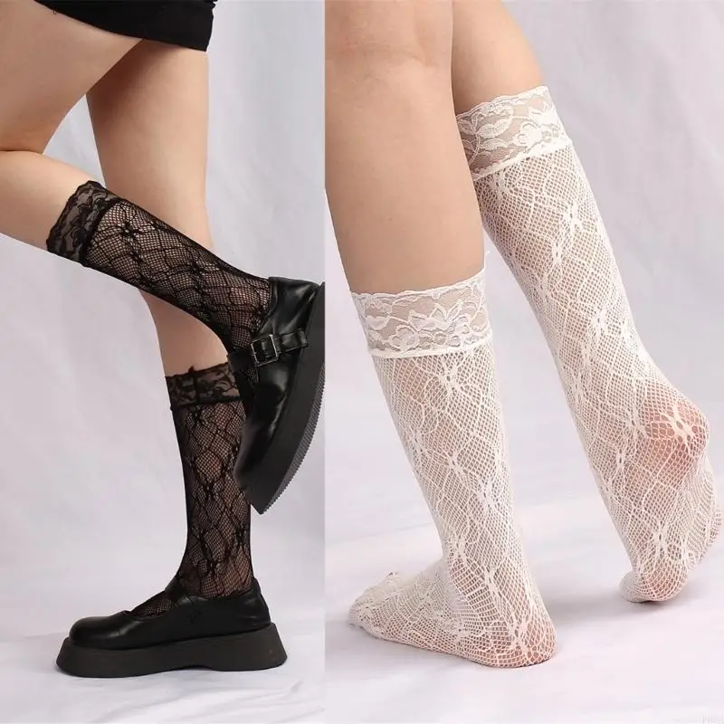 

P88B Women Hollowed Out Flower Mesh Socks Solid Fishnet Lace Trim See Through Socks