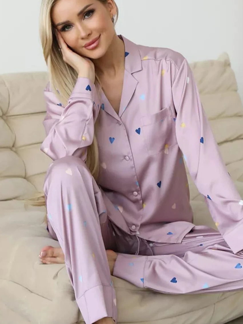 Marthaqiqi Printing Female Pajamas Suit Long Sleeve Nightgowns Sexy Turn-Down Collar Nightwear Pants Casual Women'S Pajamas Sets