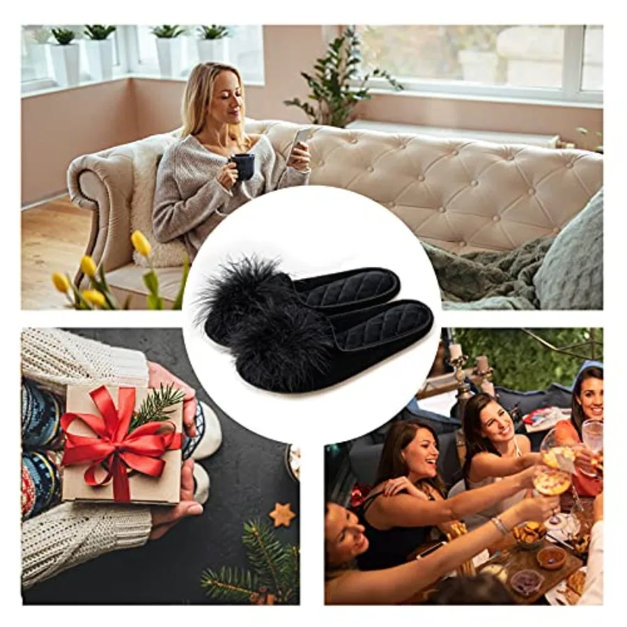 GRITHEIM Women's Fuzzy Pom Pom Velvet Memory Foam House Slippers Ladies Cozy Chenille Knit Bedroom Slippers Non-slip Sole Indoo view 6