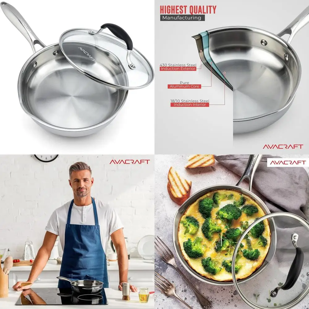 

8 Tri-Ply Stainless Steel Skillet with Lid, Induction Compatible, Versatile Fry Pan