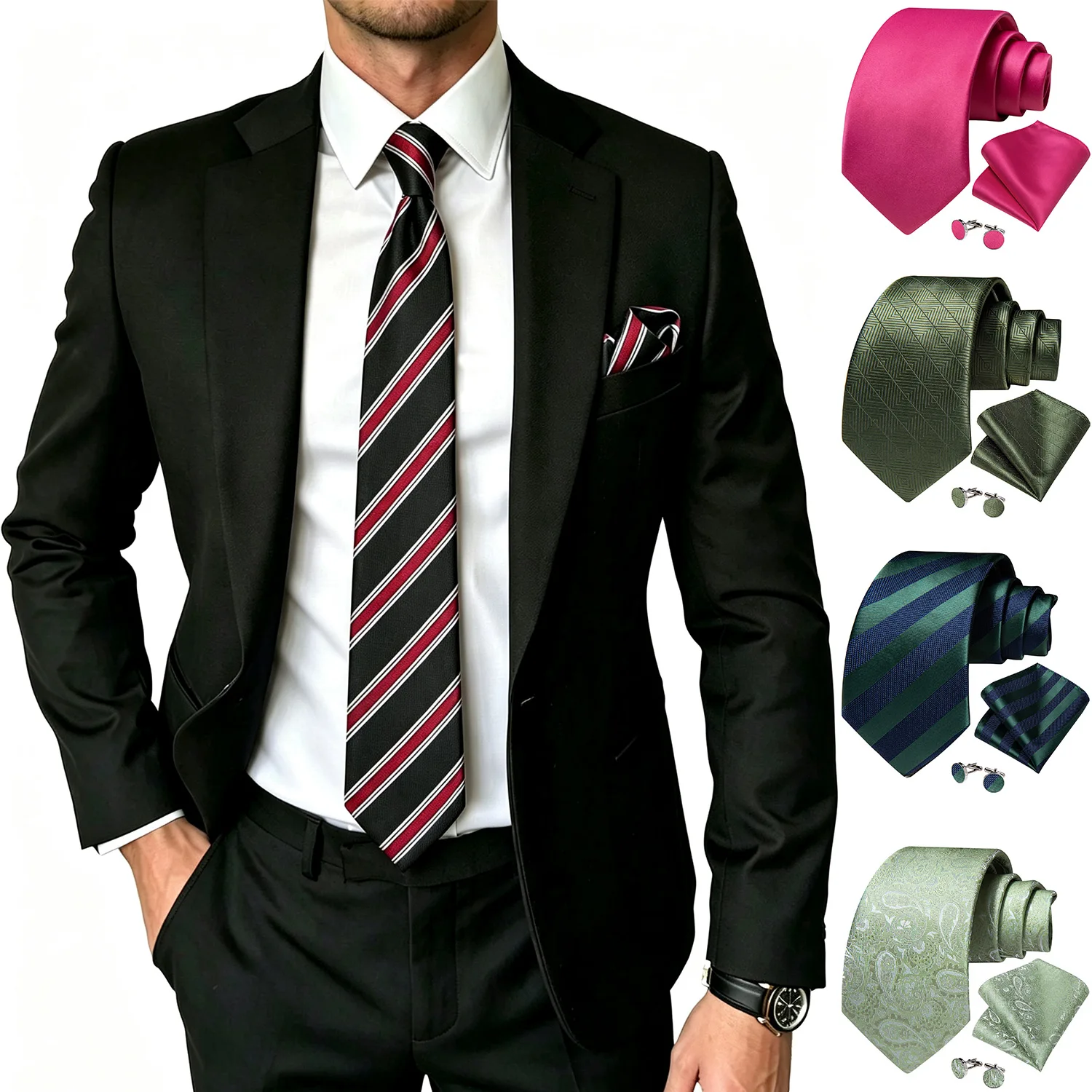 Classic Mens Tie Set 3 Piece, Striped Paisley Solid Necktie Cufflinks Pocket Square For Party Events