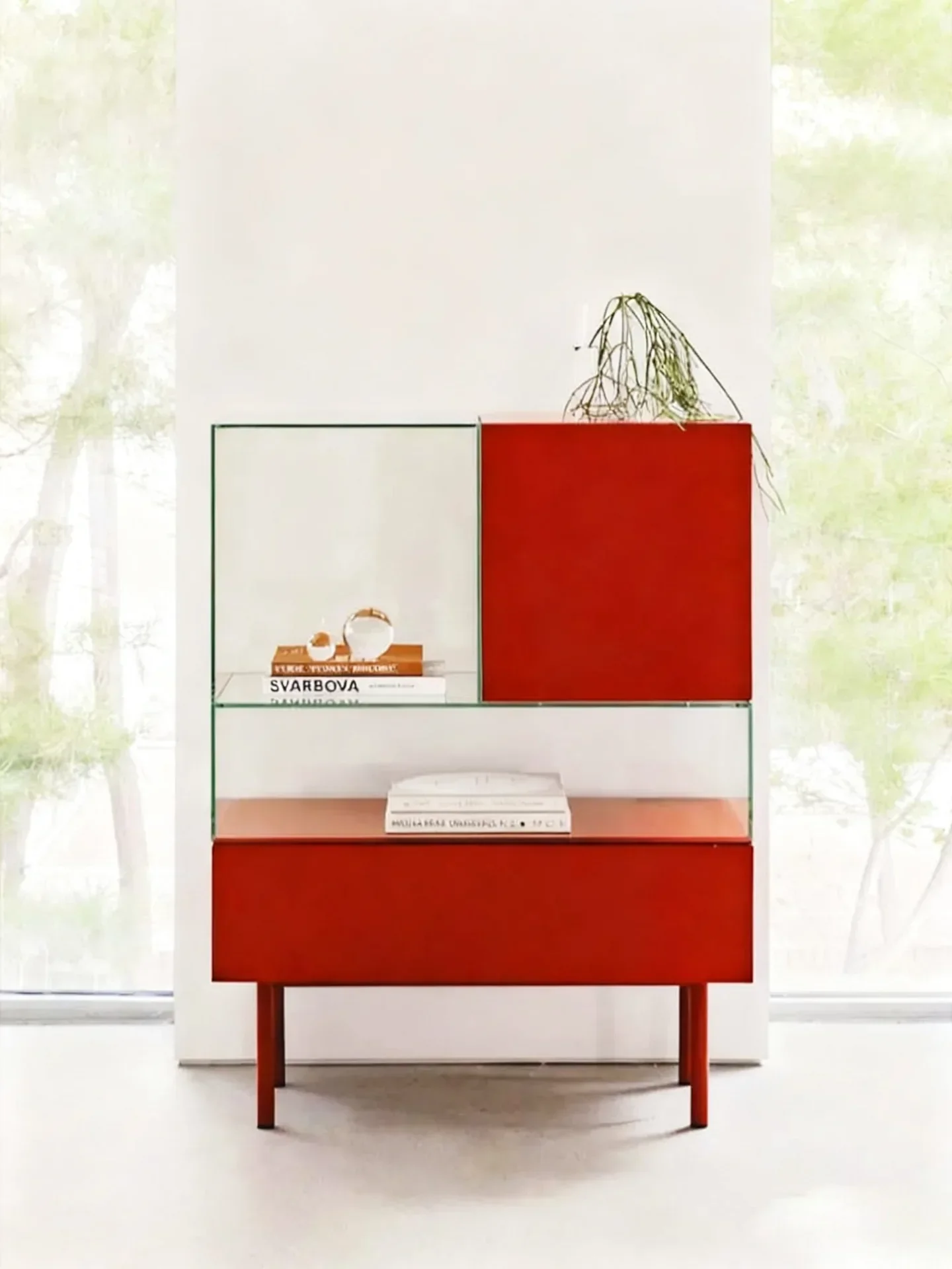 minimalist glass ornament cabinet, dining side cabinet integrated against the wall