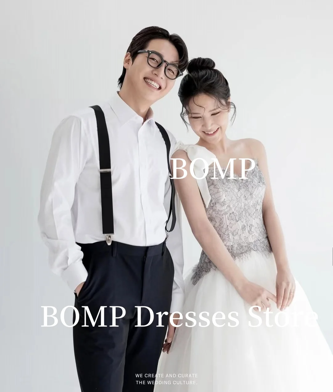 

BOMP Elegant Lace Wedding Dress Bow Strapless Floor Length A-Line Tulle Korea Photoshoot Bridal Gown Customized Contrast Color