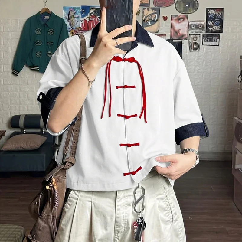 

INCERUN Mens Shirt Vintage Patchwork Color-block Button Tops Lapel Half Sleeve Men Clothes Summer 2026 Retro Casual Male Shirts
