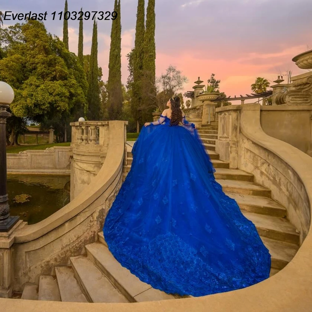 EVLAST элегантное Королевское синее платье Quinceanera бальное платье Цветочная Кружевная аппликация корсет украшенный бисером Sweet 16 Vestido De 15 лет TQD981