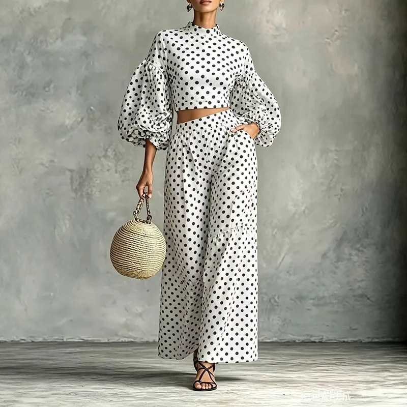 Vintage Polka Dot Matching Suits Women Mock Neck Lantern Sleeve Cropped Short Blouse & Loose Pants Sets Casual Two Piece Outfits