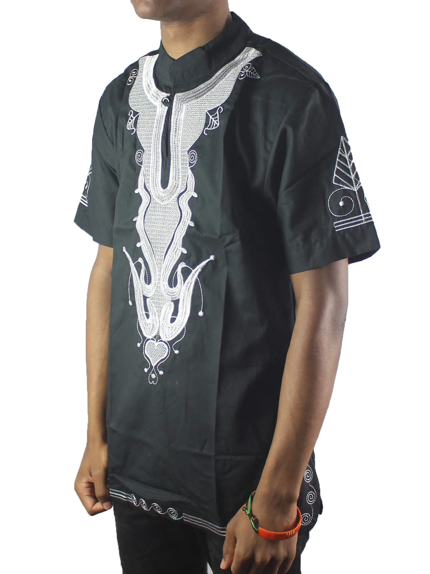 Dashikiage Embroidery African Men\'s Shirts Fashion African Dashiki Troditional Print Pockets Hooded Black Cotton Tops T-Shirt