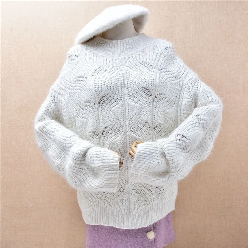 

Женский осенне-зимний белый жаккардовый вязаный свитер из ангорской кроличьей шерсти с круглым вырезом и длинными рукавами, свободный свитер с круглым вырезом, джемпер, топы