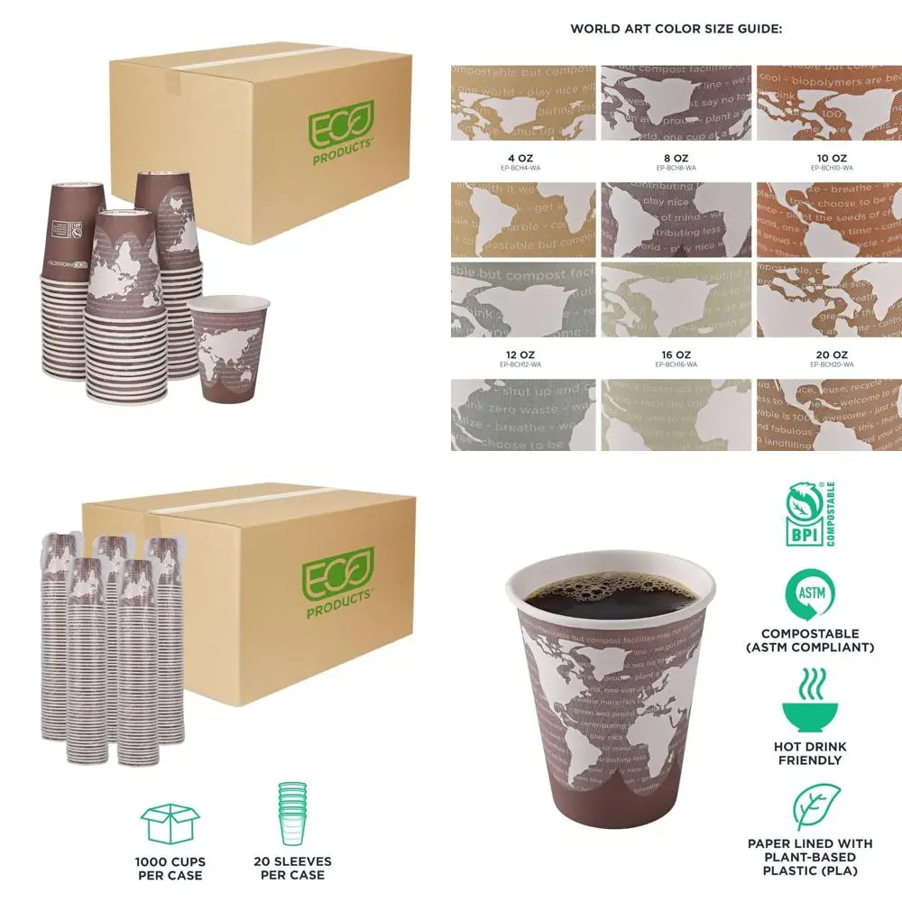 

Compostable 8oz Small Coffee Cups, Disposable Art Cups, Plant-Based PLA Lining, Case of 1000, Renewable Hot Paper Cups, Eco-Frie