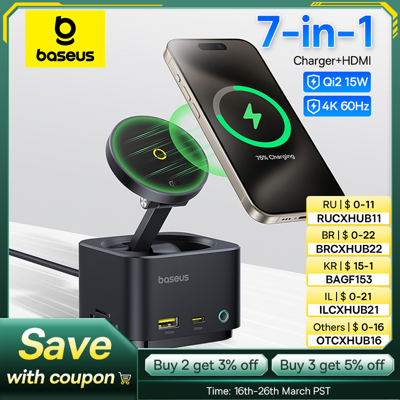  Baseus Magnetic Wireless Charger for iPhone 16 15 Pro Max MagSafe Qi2 15W Fast PD USB Hub 4K 60Hz USB 3.1 SD TF Phone Charger 