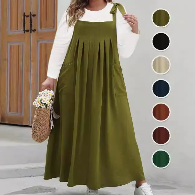 

Dress Women Long Dresses Suspenders Sling Sleeveless Loose Casual Maxi Sundress Elegant Splice A Line Solid Pockets Vestidos