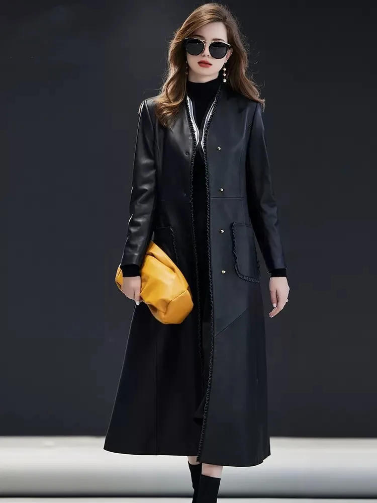 Brand High Quality Natural Sheepskin Office Ladies Trench Coat V-Neck Elegant Single Breasted Womens Genuine Leather Overcoat