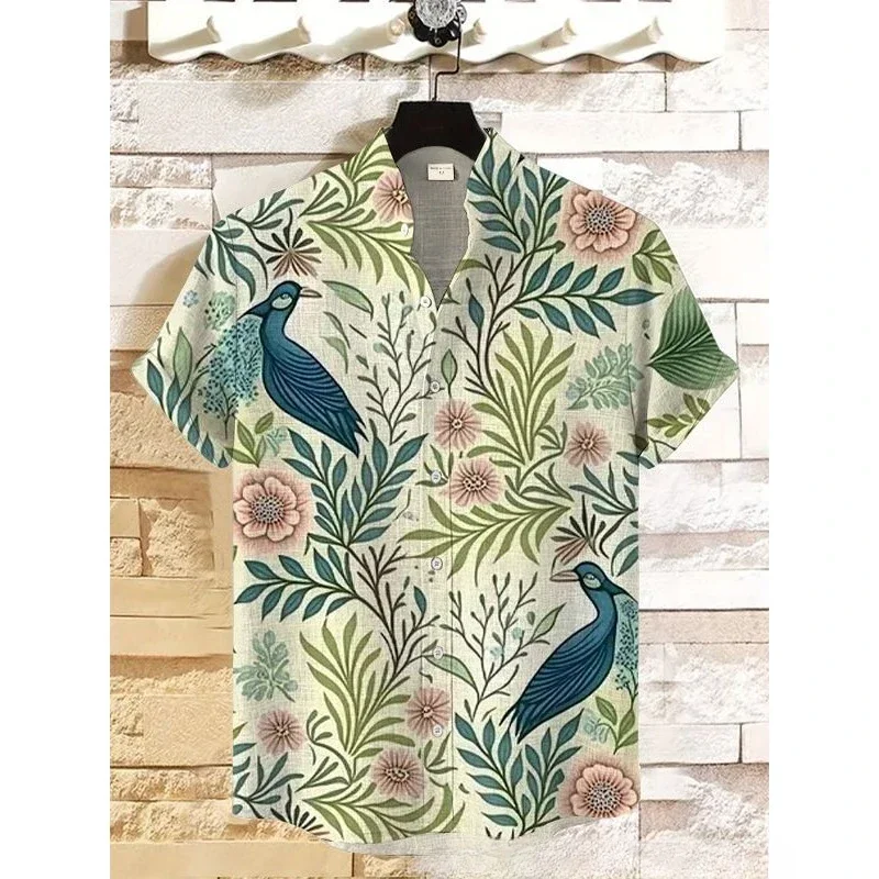 Kemeja kaktus Hawaii berkancing pria, kemeja pantai lengan pendek kerah berdiri Vintage pakaian kasual Harajuku warna-warni