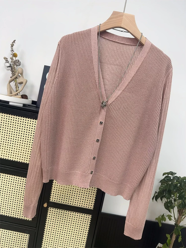 High Quality Breathable Summer Ice Silk Knitted Cardigan, Sun Protection Shirt, V-neck Top, Women's Outerwear with Thin Shawl