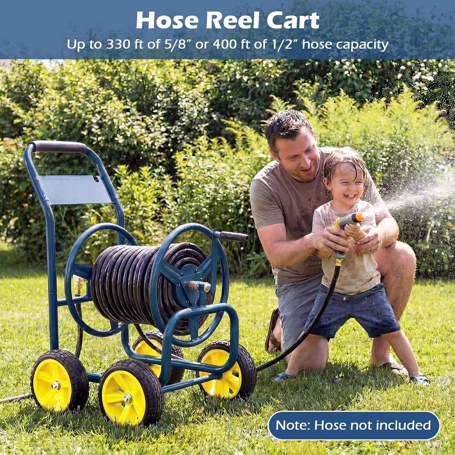 Mobile Garden Hose Reel Cart, Heavy Duty Metal Frame Water Hose Roller Organizer With Four Solid Wheels, High Capacity Outside Watering Winder For Yard Lawn Patio Garage, Navy Blue - view 3