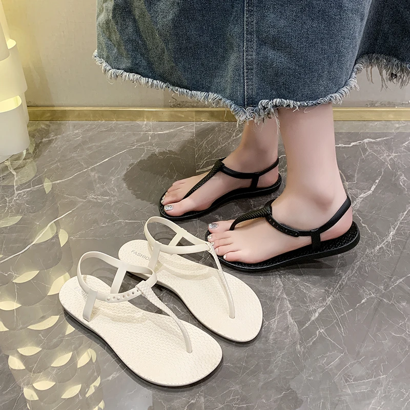 

Женские однотонные сандалии на плоской подошве, новинка лета 2024, нескользящие уличные дышащие удобные сандалии, модная обувь с открытым носком