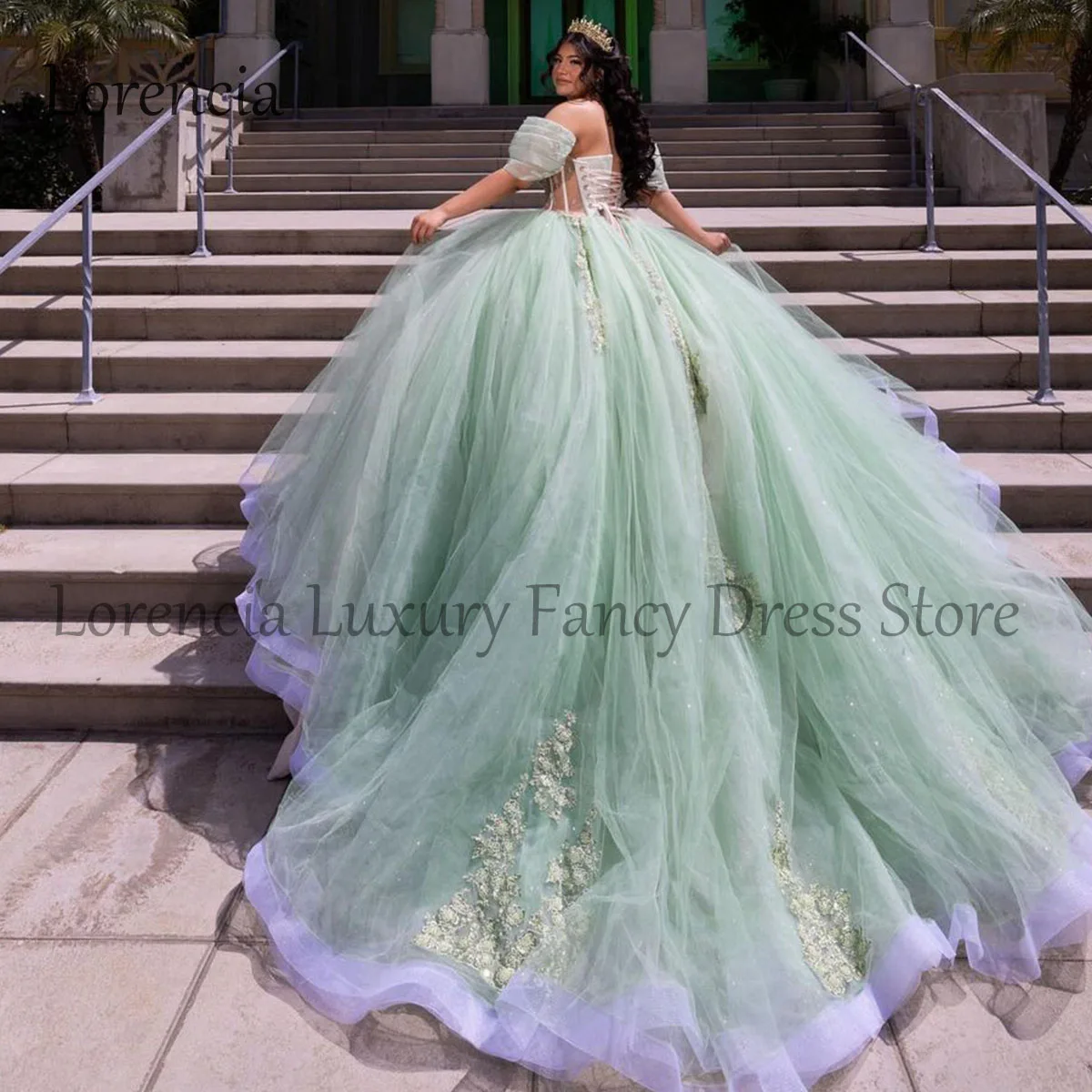 Messicano 2024 verde abito Quinceanera abito da ballo con spalle scoperte dolce 15 16 3D Applique floreale corsetto con perline Vestidos De 15 aecos