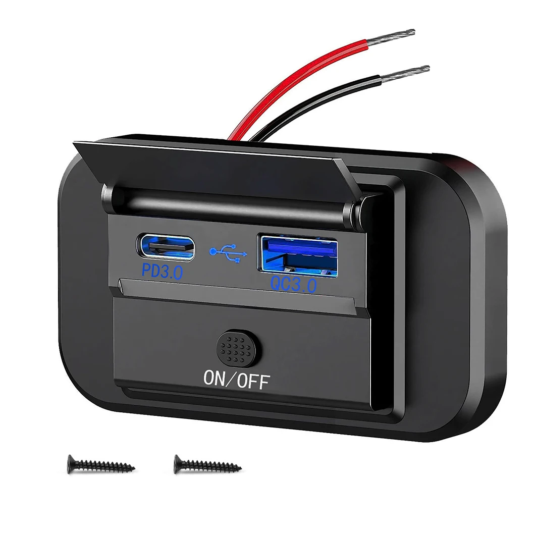 

Easy Install Flush Mount QC3.0+PD3.0 with NO/OFF Switch 12V-24V Input Blue/Red/Green Light for Safe Power Control in Car