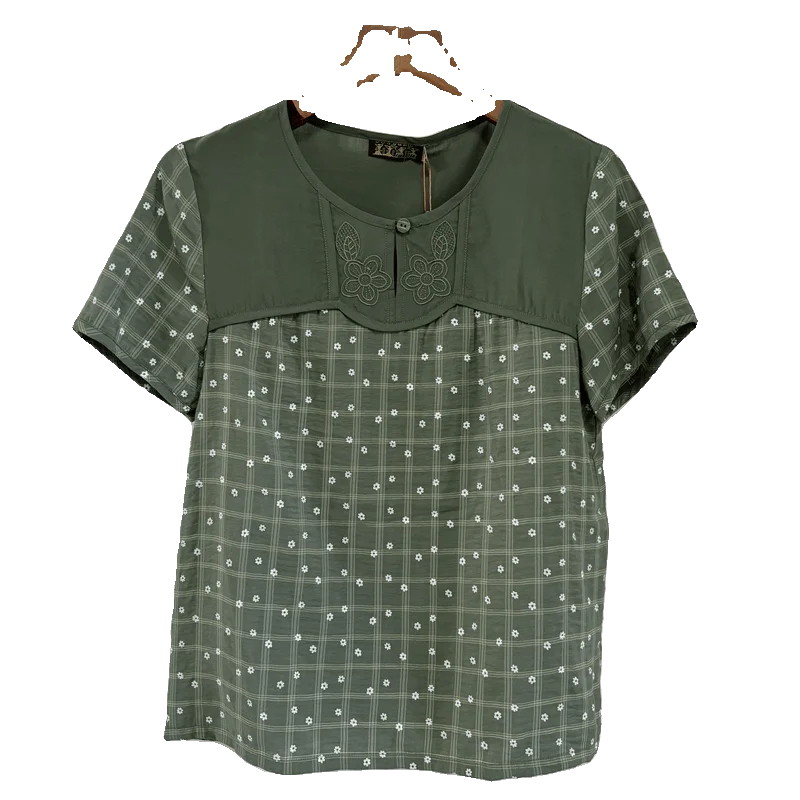 

New Summer Faion Ethnic Sle ort Sve Embroidered Women's T-irt Mommy Clothes een Cotton Wool Blend Regular Fit