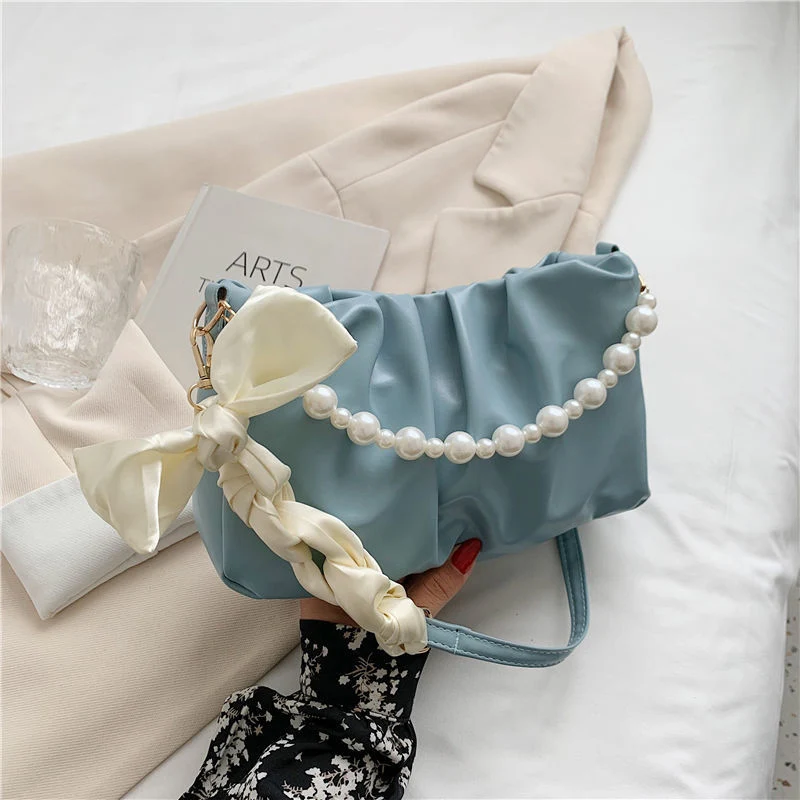 High Quality Pearl Pleated Shoulder Bag Cloud Underarm Bag Niche Bag Women Summer Versatile Handbag PU Leather Bag