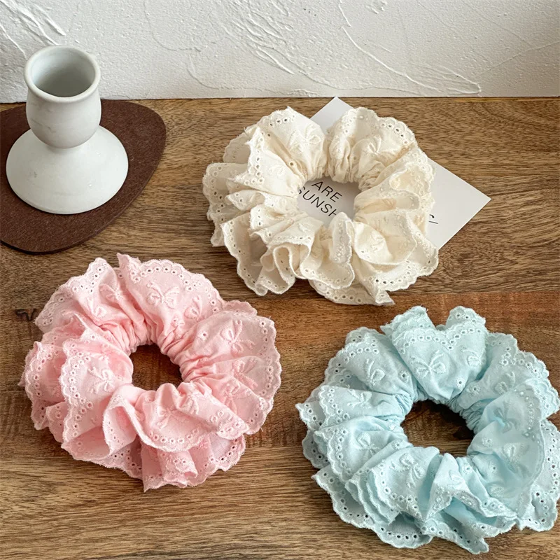 

Korean New Sweet 12cm Large Hollow Lace Scrunchie Simple Pure Color Fashion High Stretch Ponytail Hair Tie Hair Accessorie