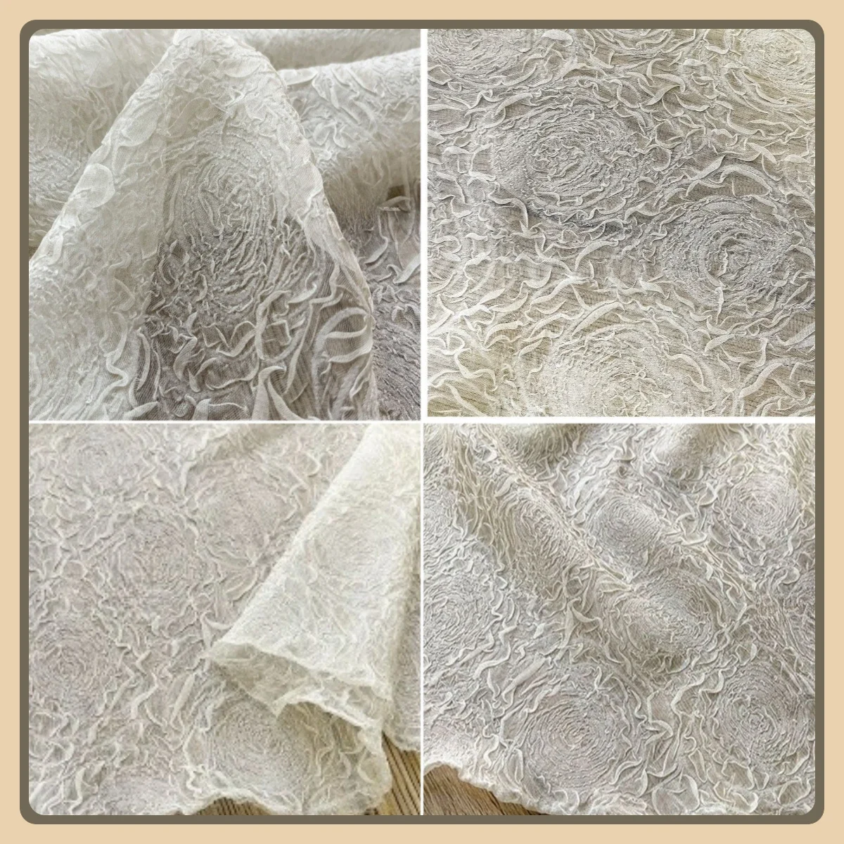 White 3D Rose Embossed Crepe Chiffon Lace Mesh Fabric for Wedding Dress Formal Gown Sheer Textured Net Tulle Material