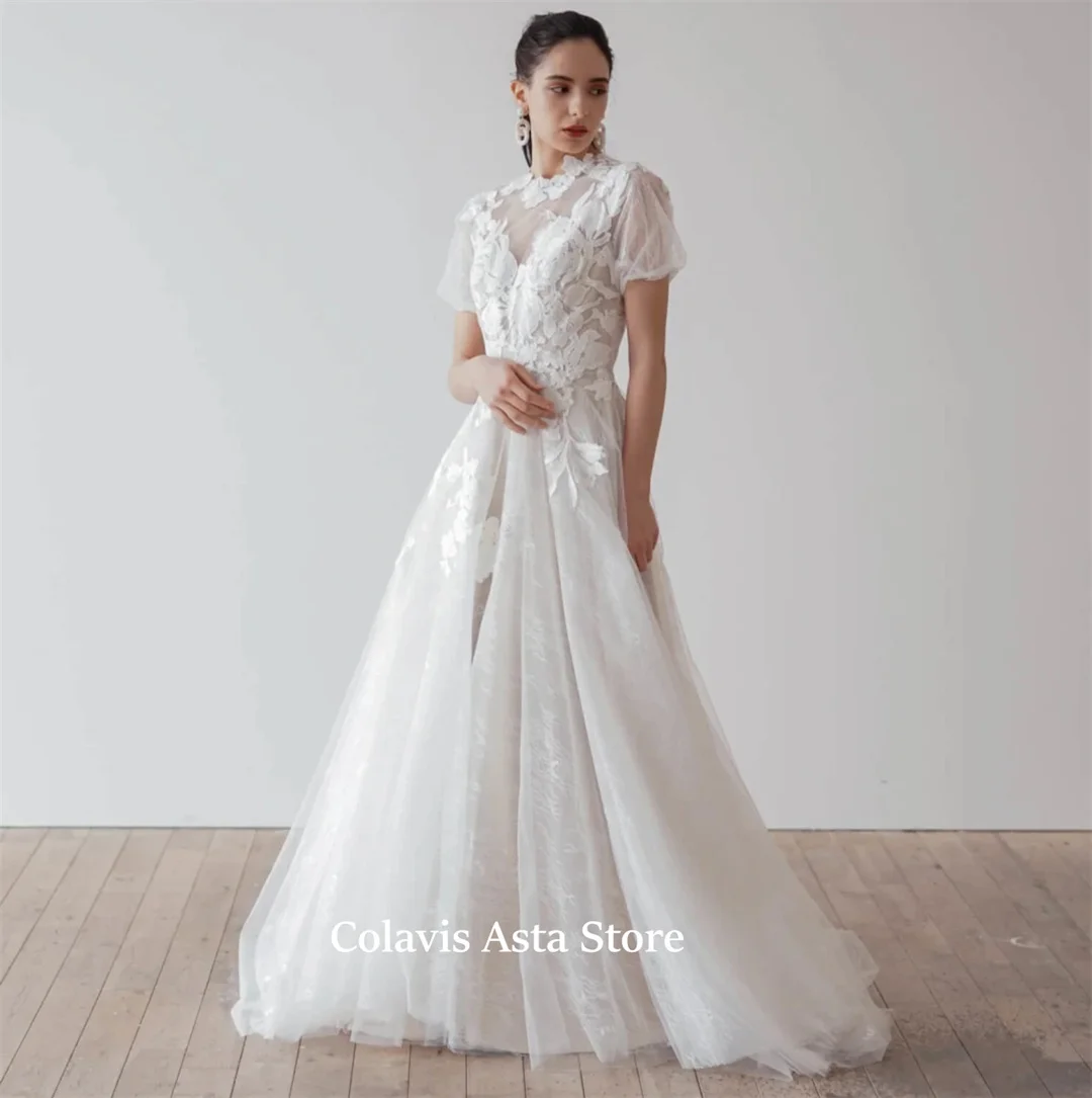 Japan Style Customized Lace Wedding Dress Korea A-Line Tulle Layered Ivory Bride Dresses Illusion Buttons Back Bridal Gowns