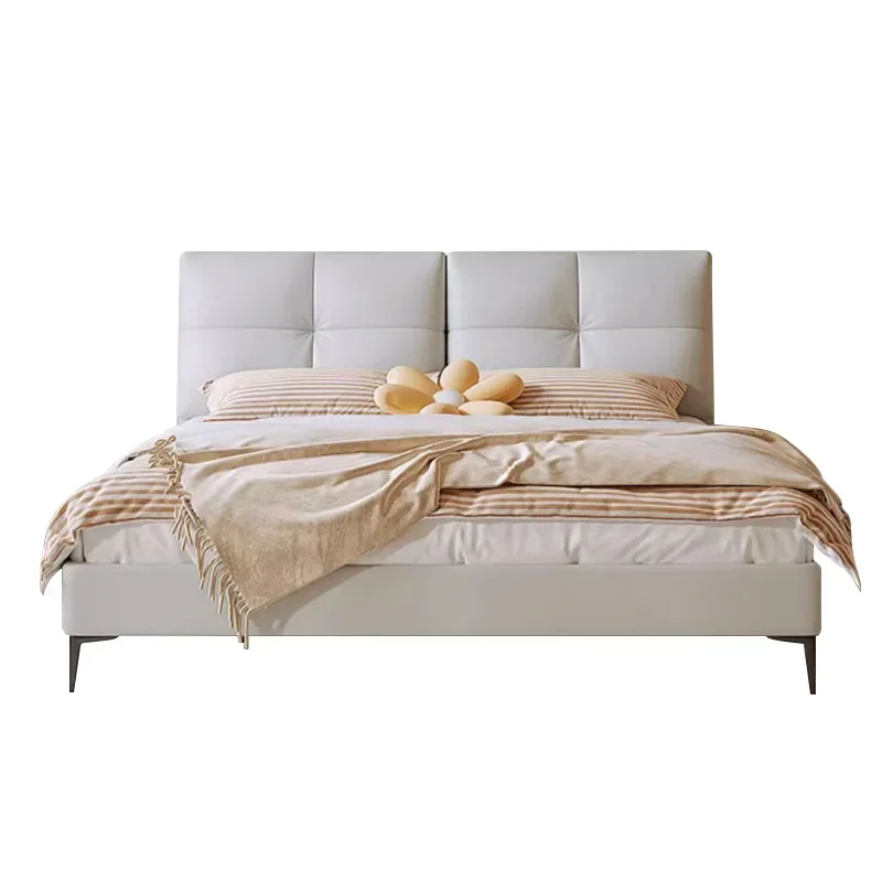 

Italian minimalist double bed, high PC and console modern minimalist first layer cowhide wedding bed