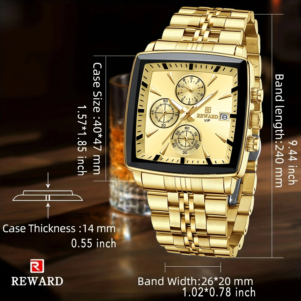 REWARD Golden Watches Rectangle Men\'s Watches Quartz Wristwatches Luxury Business Watch Clock Man Luminous Hands