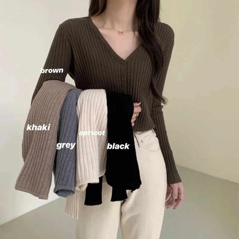 Rimocy Knitted V Neck Sweater Women 2024 Basic Single Breasted Slim Cardigan Woman Solid Color Long Sleeve Cardigan Coat Female