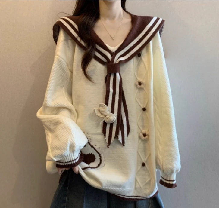 جديد كبير الحجم الخريف الحلو البحرية طوق طويلة الأكمام محبوك أعلى الحد من العمر كلية فضفاضة تنوعا اليابانية سترة المرأة