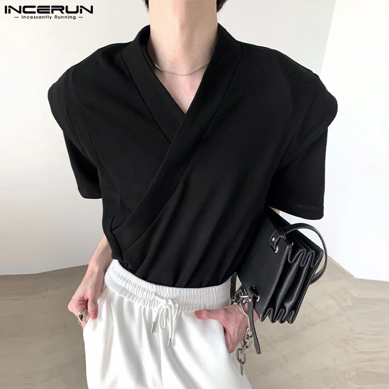 INCERUN Men's T Shirt Solid Color V Neck Short Sleeve Casual Men Clothing Summer Streetwear 2024 Korean Style Fashion Tee Tops