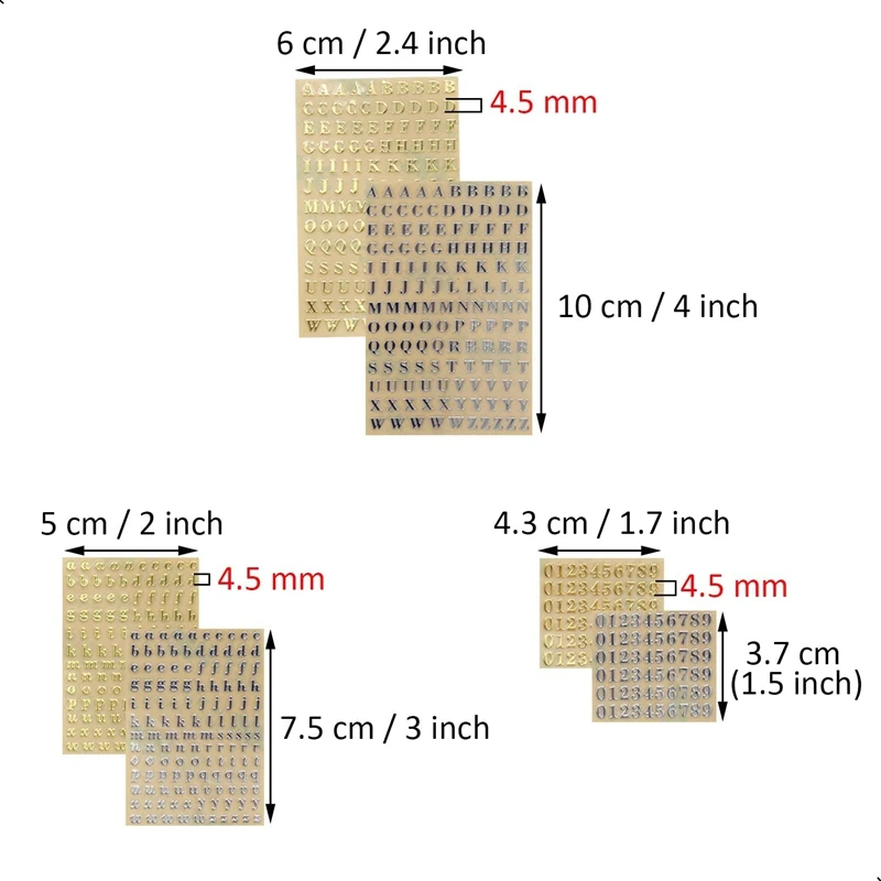 6 Sheets Small 0.18 Inch Alphabet Number Stickers Glitter Alloy Self Adhesive Letters Stickers Gold/Silver (4.5mm)-A51M