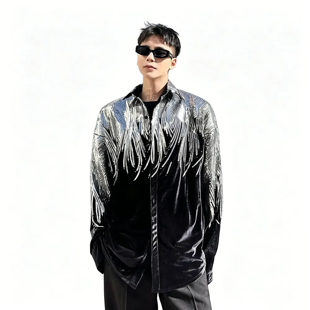 

Men's Silver Sequins Embroidery Black Velvet Shirts Long Sleeve Lapel Loose Casual Oversize Tops Singer Bar Concert Stage Show