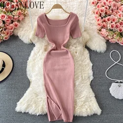 OCEANLOVE Knitted Dress for Women Clothing Solid Short Sleeve Square Neck Stretch Vestidos Sexy 2022 Spring Summer Dresses