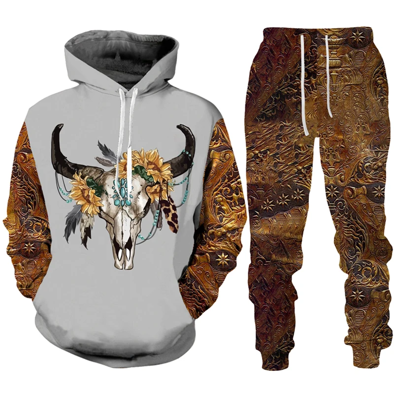 Vintage Tribal 3D Print Animal Cow Tracksuit Set Man Hoodie+Pants 2pcs Set Fashion Casual Western Cowboy Pullover Streetwear Hot