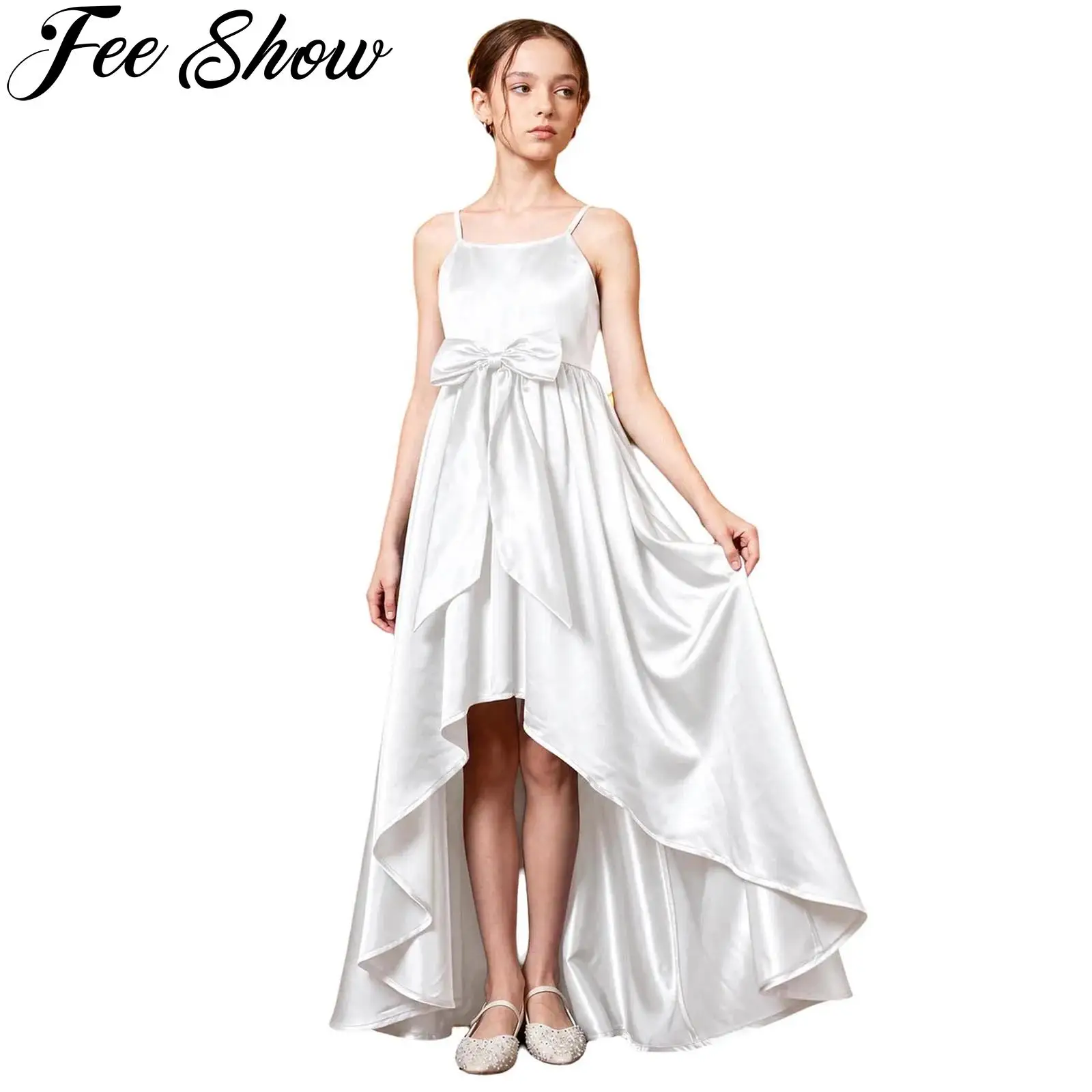 Kids Flower Girls Elegant Bridesmaid Dress Spaghetti Straps Bow Asymmetrical Hem Satin Gown for Wedding Pageant Birthday Party