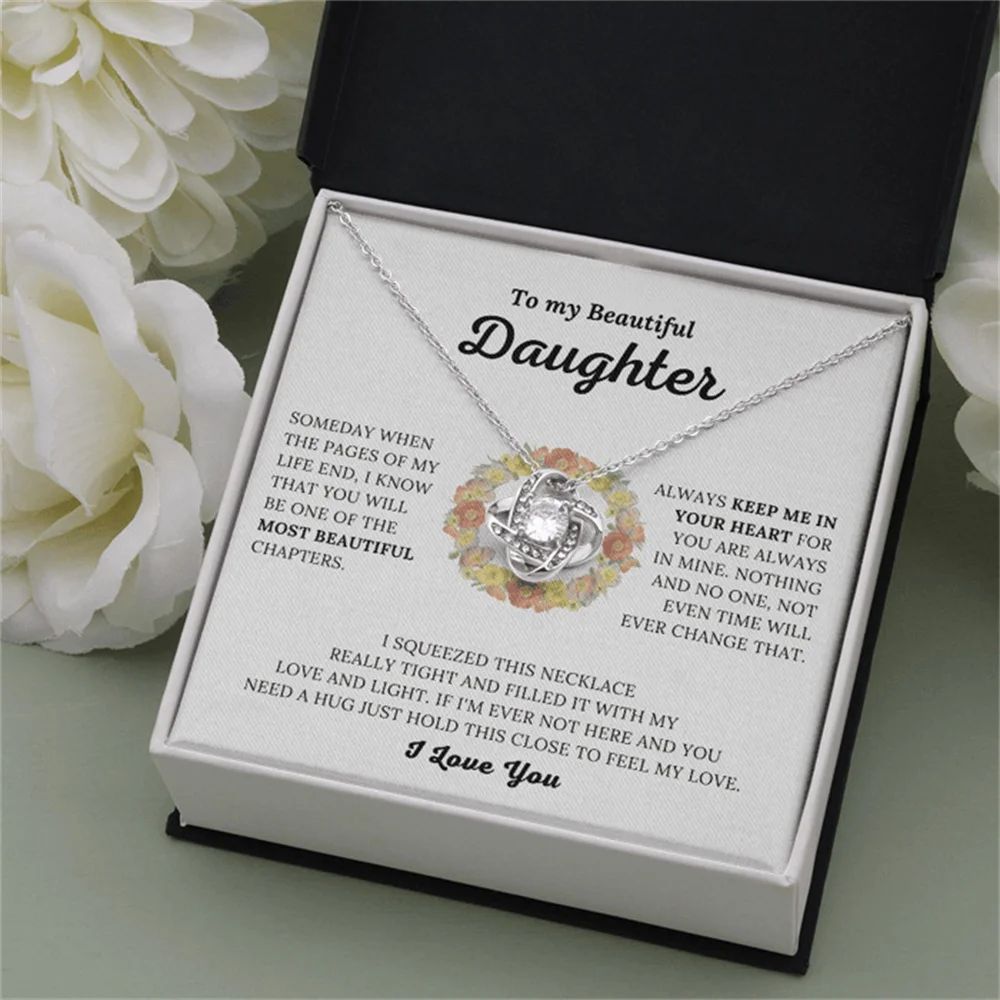 To My Daughter Eternal Heart Four-leaf Clover Pendant Necklace With Card Box Gifts Set for Women Girls Christmas Birthday Gift