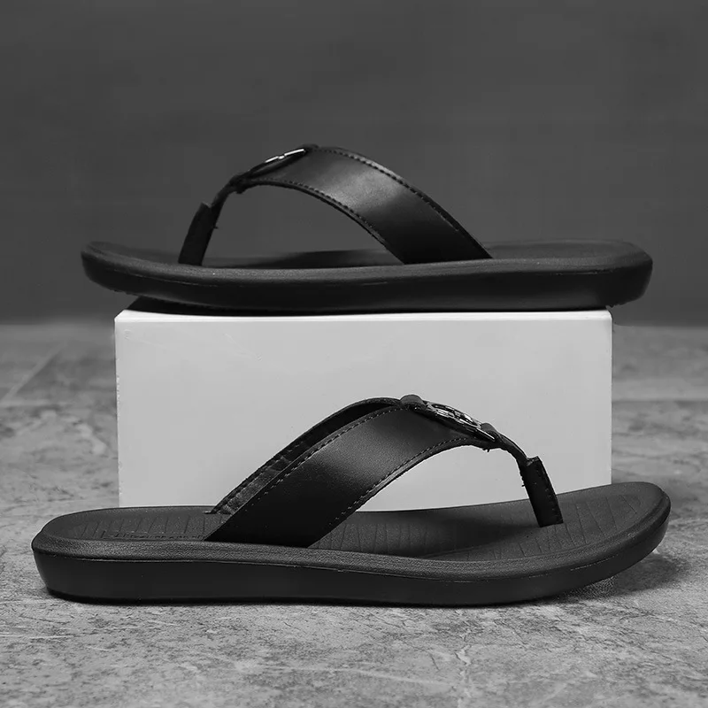 

Men Summer Premium Leather Flip Flops Comfortable Slip On Sandals Non Slip Sole Beach Shoes