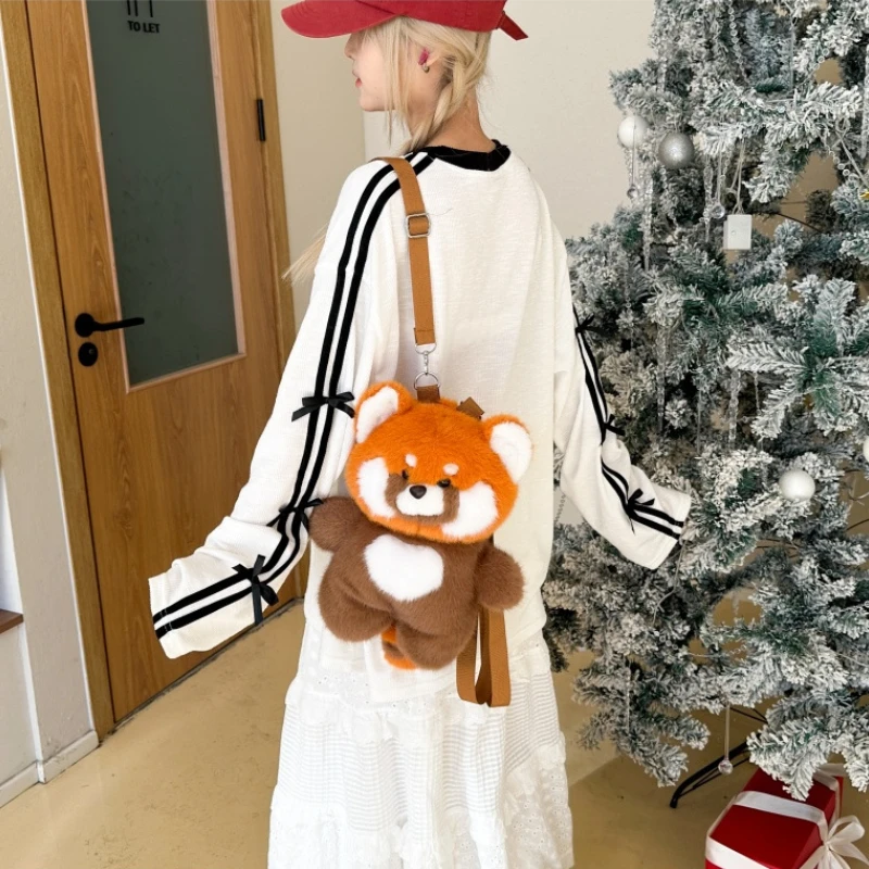 Bonito panda vermelho saco de pelúcia estudante saco escolar kawaii panda forma mochila boneca dos desenhos animados brinquedo animal aniversário presente natal decoração casa