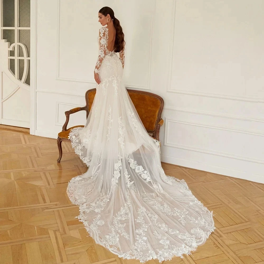 Lorencia Hot Sale Lace Long Sleeve Wedding Dress Mermaid 2024 V Neck Applique Beading Bride Bridal Gown Vestidos De Novia YMW142