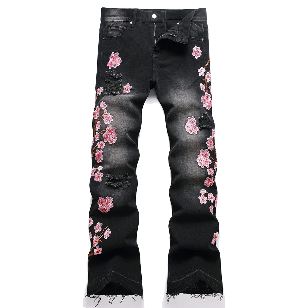 Men Sakura Embroidery Denim Jeans Streetwear Boot Cut Pants Released Hem Flared Trousers with Ripped And Cherry Blossom Design