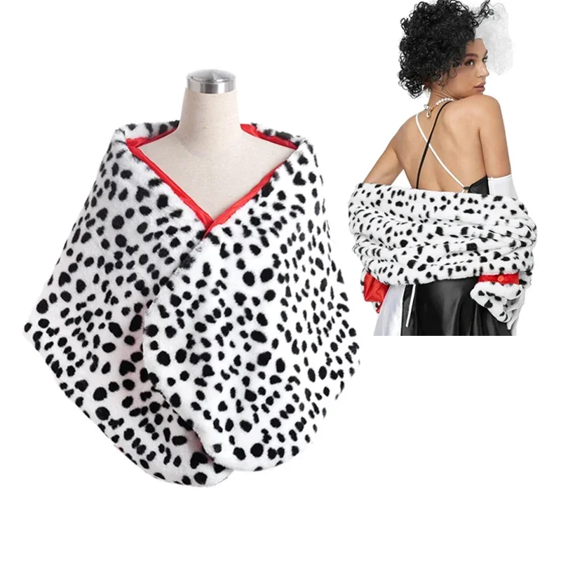 Ensemble de costume d'Halloween pour femmes, Cruella Deville, châle court à imprimé dalmatien, gants rouges, collier de perles, costume des années 1920 et 1950
