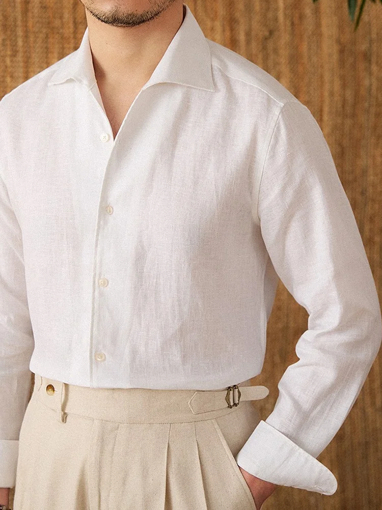 

Mr. Deer Three Summer Lightweight Breathable 100% Linen Long Sleeve Shirt Gentleman's Match All-Season White Shirt Men