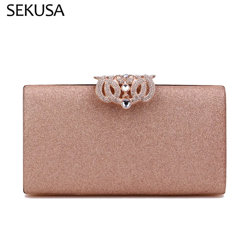 Sequined Pink Color Women Small Day Clutch Crown Metal Diamonds Luxury Evening Bags With Chain Shoulder Handbags Purse