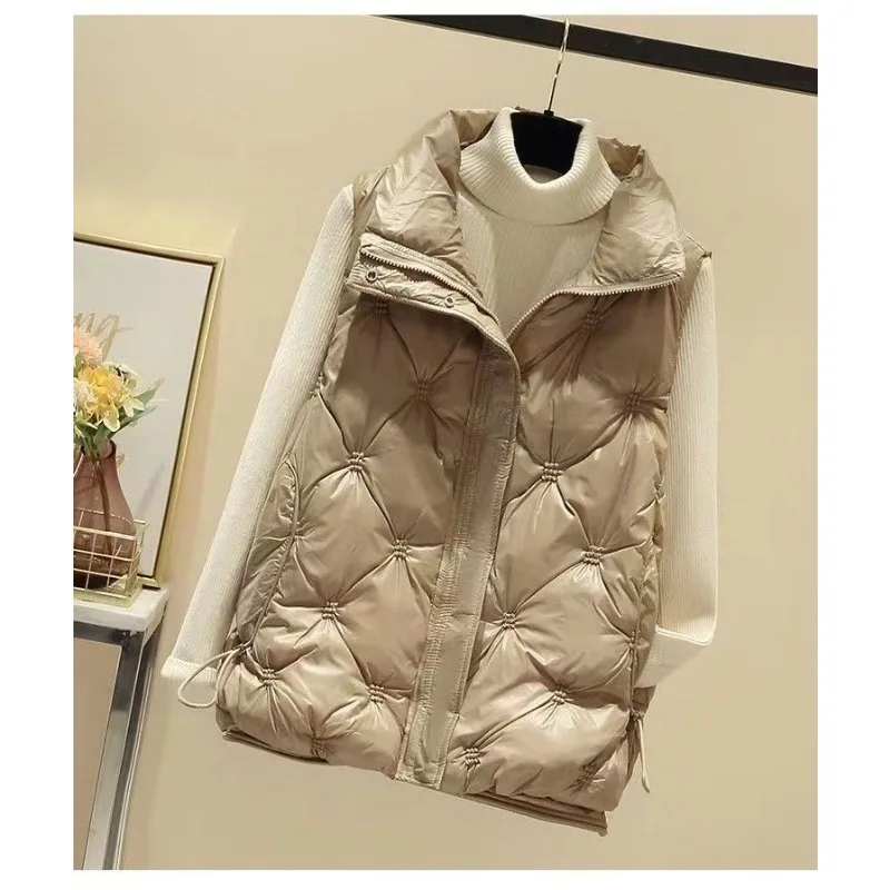 Chaleco de algodón para mujer, chaleco holgado con cuello levantado, acabado brillante, ropa de abrigo sin mangas sin lavado, chaleco cómodo y cálido para mujer