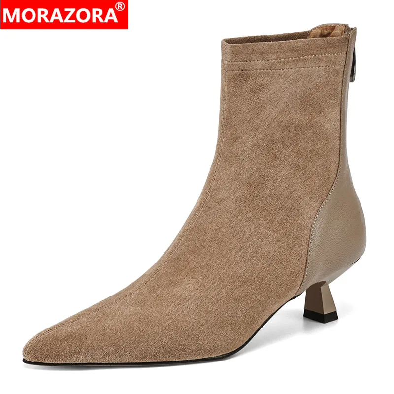 MORAZORA Size 34-44 Faux Suede High Heels Ankle Boots Genuine Leather Autumn Winter Boots Zipper Fashion Party Dress Shoes