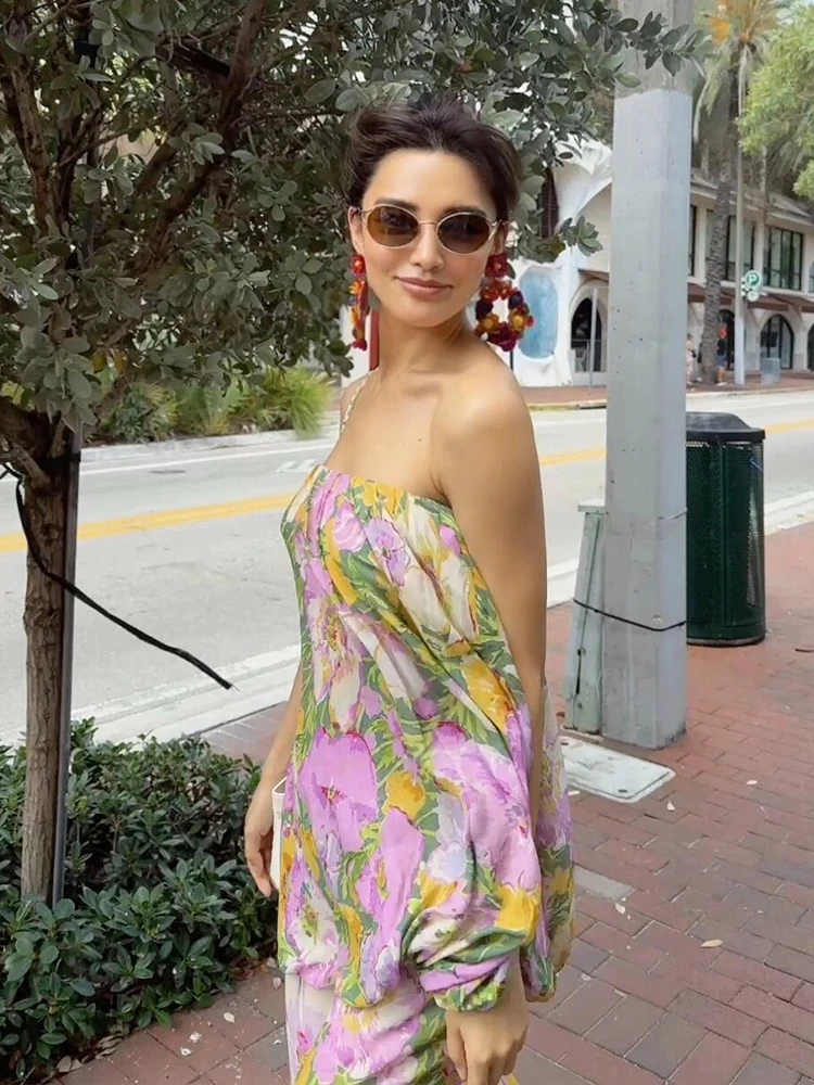 Retro Floral One oulder Dr Women's Island Vaion Beach Skirt Slimming Long Dr Svel High Waist Poly Fiber